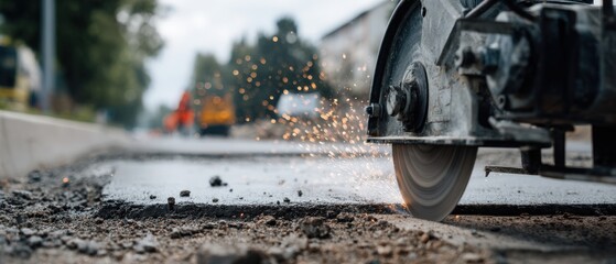 Asphalt road cutting machine in action with flying sparks during roadwork construction, showcasing industrial equipment and infrastructure maintenance