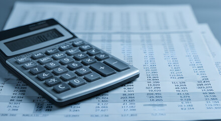 Calculator Lying on Financial Document in Blue Tone for Business Accounting and Planning Analytics and Budgeting on top of Numbered Spreadsheet