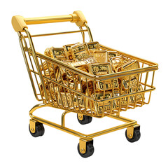 Shopping cart filled with gold bars on transparent background