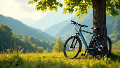 Naklejka premium Bicycle leaning against tree, scenic backdrop, outdoors, travel