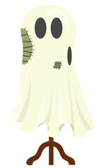 Eco-Friendly Ghost Costume with Sustainable Patches. Ghost figure with recycled green patches, mounted on wooden stand, perfect for sustainable Halloween. Flat style. Vector illustration