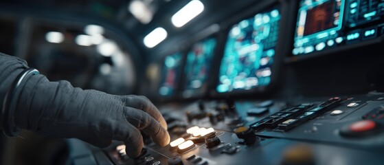 Gloved hand operating futuristic control panel with glowing screens in a spaceship cockpit Concept of space exploration, technology, and science fiction