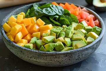 A large bowl filled with vibrant diced mango, avocado, fresh spinach, and chopped tomatoes is ready for a nutritious meal. Perfect for a refreshing and health-conscious dish