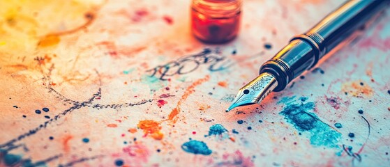 Naklejka premium Colorful artistic paper with a fountain pen.
