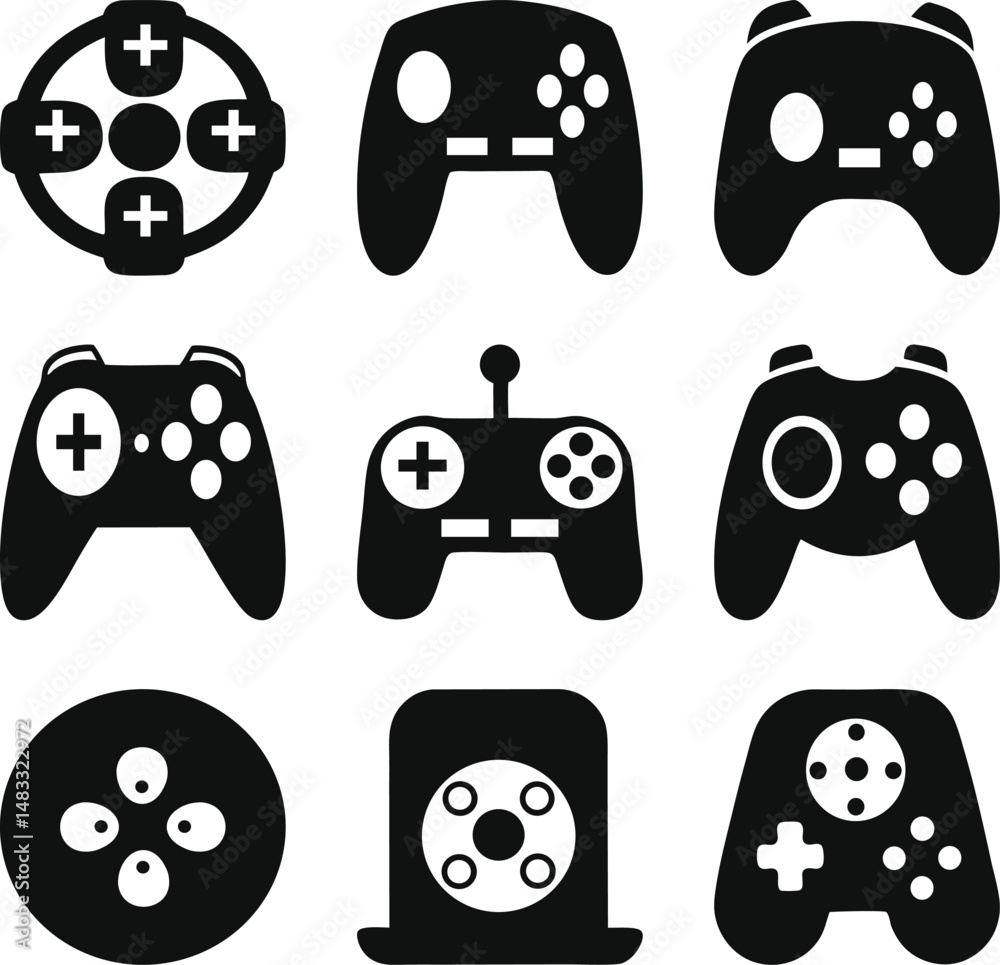 Wall mural modern black and white vector illustrations of various gaming controller designs in a grid layout