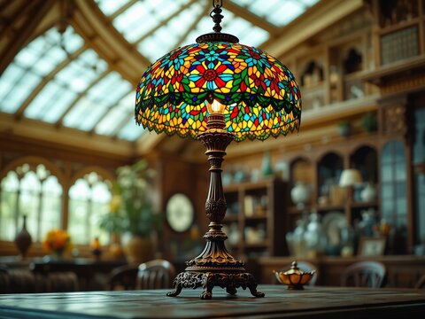 Belle &Eacute;poque Stained Glass Lamp -  Elegant Illumination in a Vaulted Skylight
