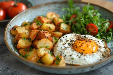 A colorful breakfast spread featuring a perfectly fried egg beside golden roasted potatoes and fresh arugula with cherry tomatoes. This meal showcases a simple yet nutritious start to the day