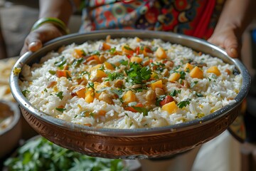 A person holds a large, intricately decorated bowl filled with aromatic biryani, topped with fresh herbs and colorful ingredients