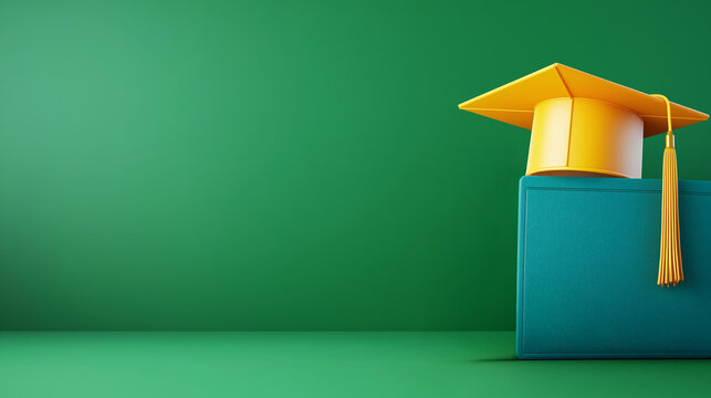 On a green background there is a yellow graduation cap and a blue folder with a diploma. - Powered by Adobe