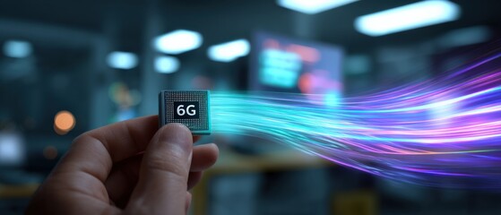 Hand holding 6G microchip with data stream in modern office Concept of next generation technology, wireless communication, and high speed internet