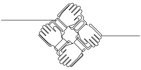 People unite their hands together continuous line drawing isolated background for Teamwork concept. Unity teamwork concept single line draw design vector illustration. Editable outline.
