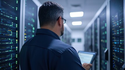 A technician monitors server performance in a data center, surrounded by racks of network equipment and blinking lights.