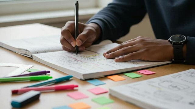 A person writing in a notebook with colorful pens and sticky notes on a wooden desk surface area