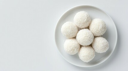 Fresh coconut balls arranged on a white plate.
