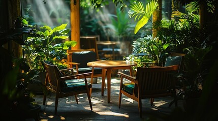 Sunlight streams through a lush cafe