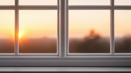 Fototapeta premium A bright sunrise viewed through a clean window, casting a warm glow on the horizon with soft, blurred scenery outside.