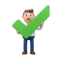 3D render man with checkmark, Cartoon character correct symbol, Validation visual, Isolated white background, Success concept, Male character complete