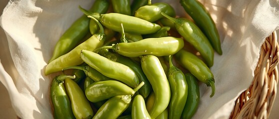 A basket holds a pile of fresh, vibrant green chili peppers, bathed in sunlight