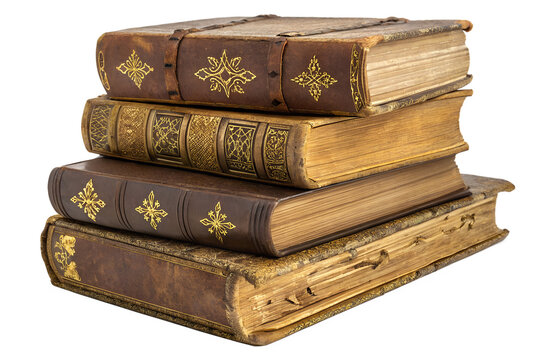 stack of old historical medieval books isolated on white or transparent png