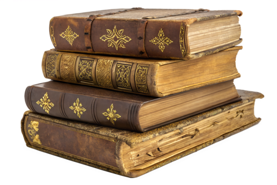 stack of old historical medieval books isolated on white or transparent png