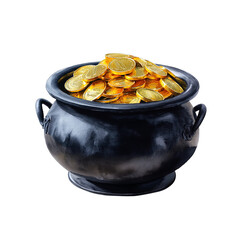 Black pot full of gold coins in watercolor isolated white background