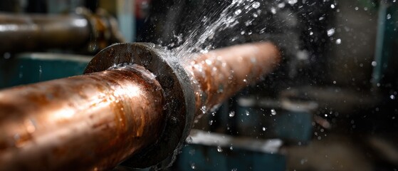 Leaking copper pipe with water spraying from a burst joint, illustrating plumbing failure, water damage, and the urgent need for repair