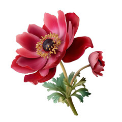 Burgundy anemone flower in watercolor illustration isolated background isolated white background