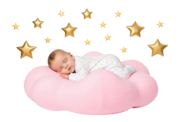 PNG Caucasian baby sleeping on pink cloud with golden stars