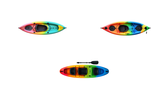 Vibrant colorful kayaks lined up near water for outdoor adventure