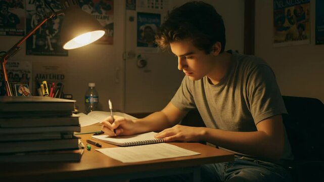 Teenager studying at desk under lamp light in room with books and posters on the wall at night