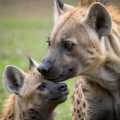 Hyena mother nuzzling her cub, tender interaction, closeup, natural light