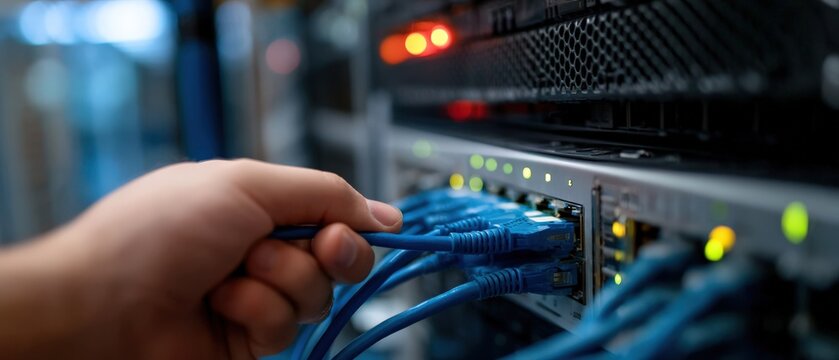 Technician connecting blue ethernet cable to server switch in data center for network maintenance and system administration Concept of information technology and cybersecurity