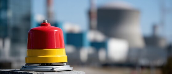 Red and Yellow Aviation Obstruction Light with Nuclear Power Plant in the Background on a Sunny Day Concept of Energy, Safety and Warning