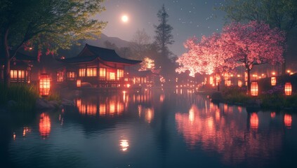 Fototapeta premium A peaceful nighttime Asian garden setting complete with cherry blossoms, lanterns, a pond, and a full moon
