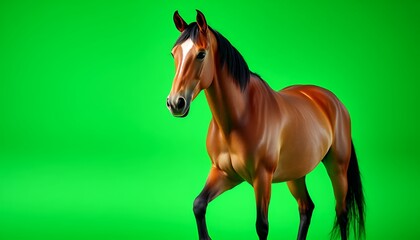 Elegant Chestnut Horse Strides Gracefully Isolated on Green Screen Background With Sleek Brown Coat Under Bright Studio Lighting