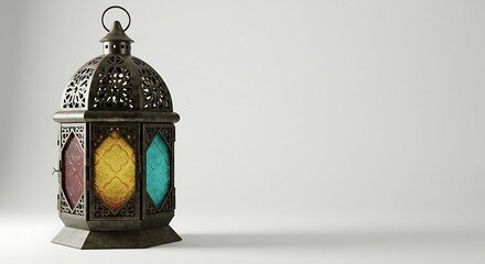 Naklejka premium Ornate metal lantern glows softly against a bright white background. AI Generated