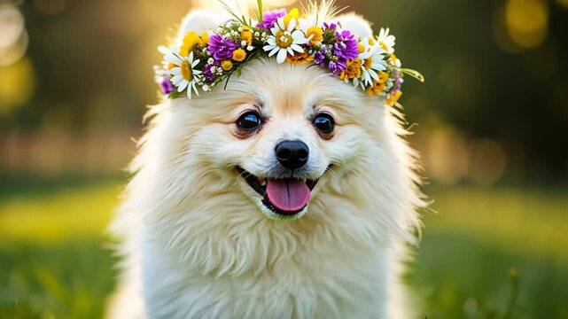 Joyful pomeranian in flower crown enjoying sunny day in park