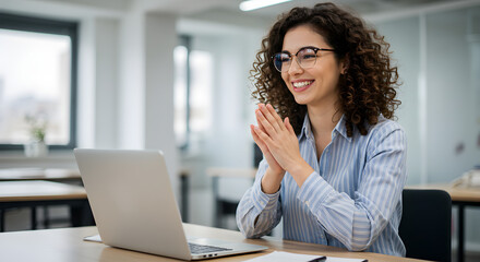 Smiling Woman Uses Laptop in Bright Office Wearing Blue Striped Shirt and Glasses