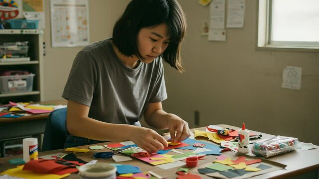 Woman with short hair making paper crafts at a desk with colorful paper and glue in a classroom setting