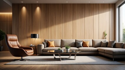 Modern Living Room Interior with Brown Leather Chair, Beige Sofa, and Wooden Wall Panels – 3D Illustration