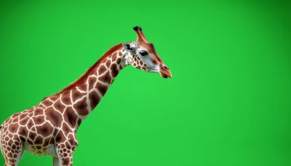 Fototapeta premium Giraffe Isolated on Green Screen Background with Long Neck and Brown Spotted Pattern Detailed Side Profile