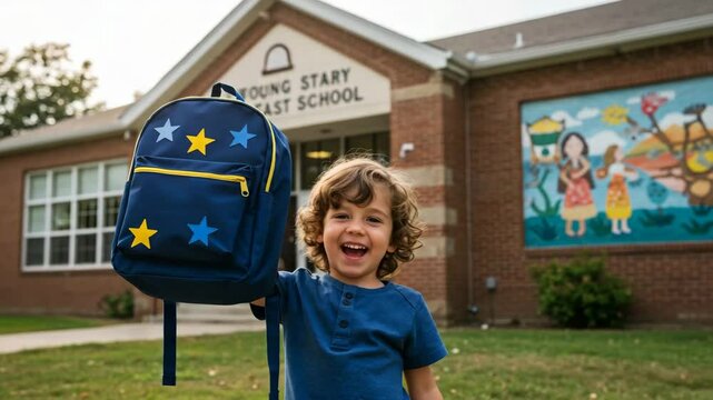 Happy child holding a blue backpack with stars in front of a brick school building with a mural