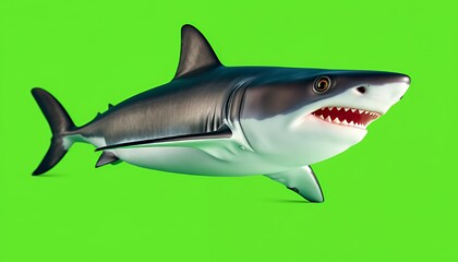 Obraz premium Great White Shark Swimming Angrily Isolated on Green Screen Background Showcasing Sharp Teeth in 3D Render Ready for Compositing