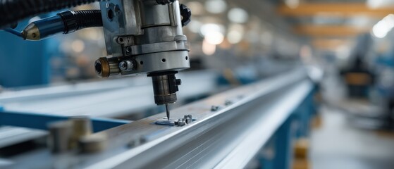 Fototapeta premium Automated drilling machine precisely drilling metal profile in a factory setting Concept of industrial manufacturing, precision engineering, and modern technology