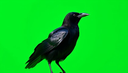 Fototapeta premium Isolated Black Crow Perched on Green Screen Background for Chroma Key Compositing