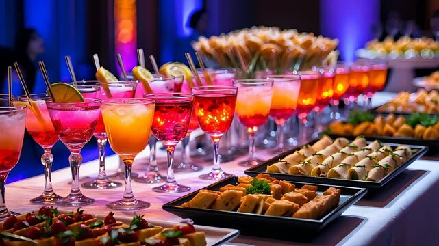 Colorful cocktails and gourmet appetizers on a buffet table with purple lighting creating a festive dining party atmosphere