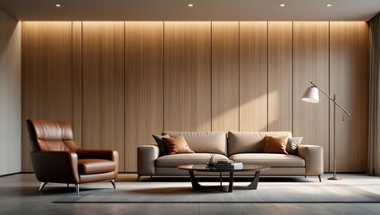 Modern Living Room Interior with Brown Leather Chair, Beige Sofa, and Wooden Wall Panels – 3D Illustration