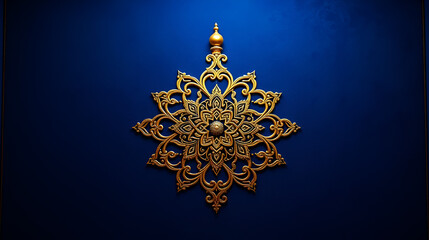 luxurious ottoman art, intricately woven gold filigree design of rub el hizb against a royal blue velvet backdrop, softly illuminated to highlight its delicate details