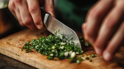 Chef's Hands Finely Chopping Fresh Herbs on a Wooden Cutting Board
