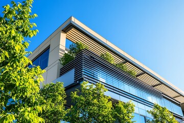 Modern architecture with glass facade, trees and blue sky on sunny day